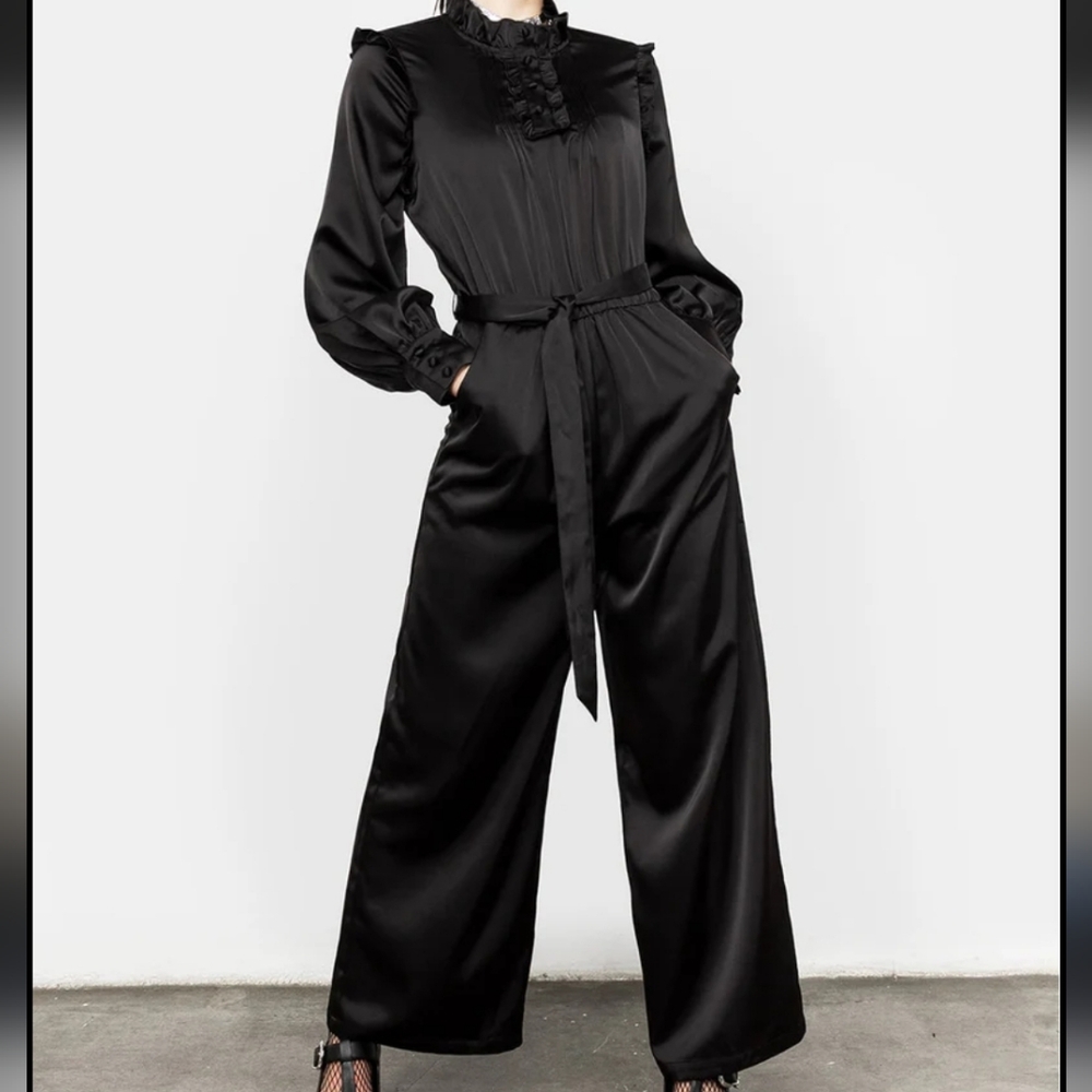 Disturbia Pintuck Rufflw Black Long Sleeve Ruffle- Jumpsuit Size 12 Belt Missing